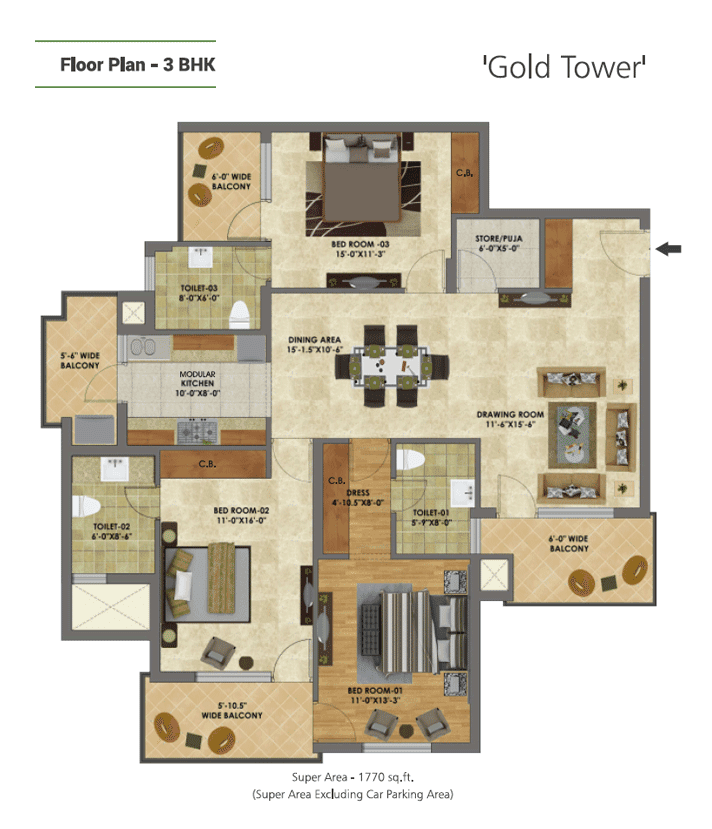 3 BHK floor plan